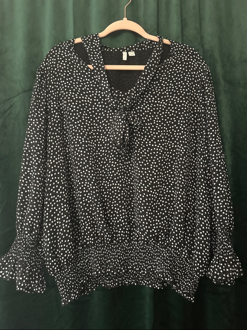Black and White Polka Dot Women's Blouse with Tie Neck